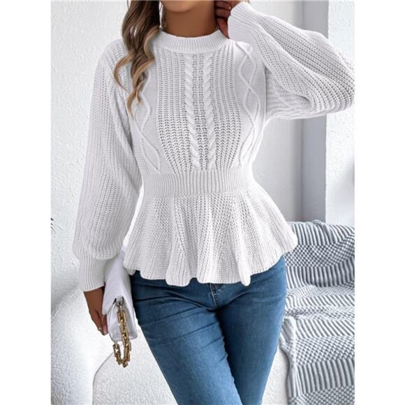 Cable Knit Round Neck Peplum Sweater - Picture 1 of 16